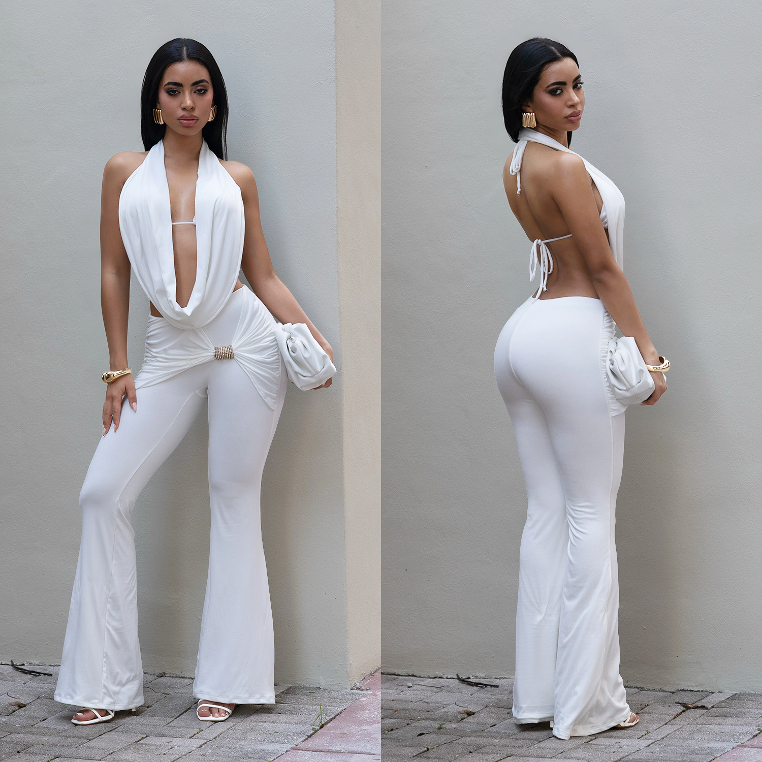 Women Sexy Solid Backless Top and Pants Two-piece Set