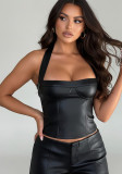 Women Sexy Pu-Leather Solid Basics Halter Neck Top