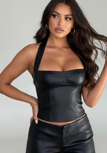Women Sexy Pu-Leather Solid Basics Halter Neck Top
