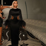 Women Autumn/Winter Round Neck Hollow-Out Furry Patchwork Long Sleeve Bodycon Maxi Dress