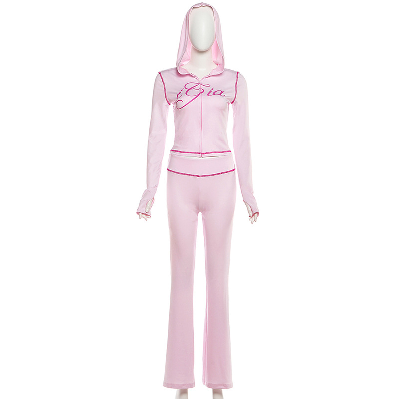 Women Autumn/Winter Solid Zipper Crop Top and Pant Casual Two-Piece Set