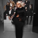 Women Autumn/Winter Round Neck Hollow-Out Furry Patchwork Long Sleeve Bodycon Maxi Dress