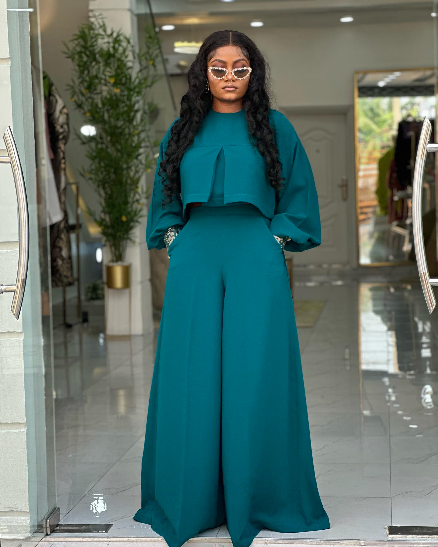 Women Autumn/Winter Round Neck Irregular Lantern Sleeve Top Wide Leg Pants Two-Piece Set