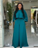 Women Autumn/Winter Round Neck Irregular Lantern Sleeve Top Wide Leg Pants Two-Piece Set