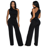 Women Sleeveless Slash Shoulder Solid Jumpsuit