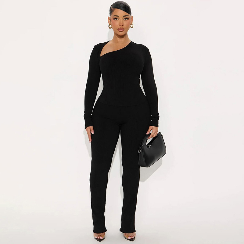 Women Casual Women Asymmetrical V-Neck Long Sleeve Top and Trousers Two-Piece Set