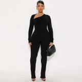 Women Casual Women Asymmetrical V-Neck Long Sleeve Top and Trousers Two-Piece Set