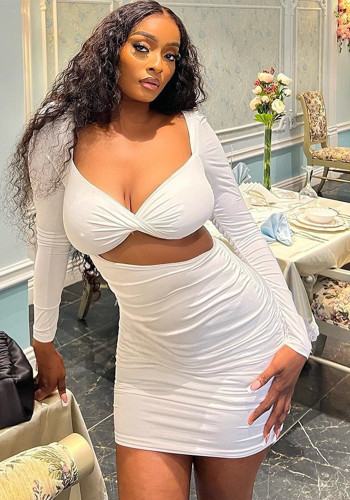 Women Solid Long-Sleeved Sexy Hollowed-Out Bodycon Dress