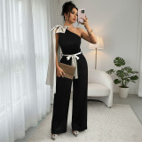 Women Summer Color Block Bow Ribbon Slash Shoulder Sleeveless Jumpsuit