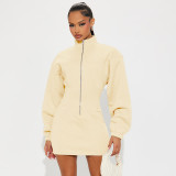 Women Autumn/Winter Solid Casual Stand Collar Long Sleeve Zipper Dress