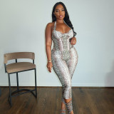 Women Autumn/Winter Elegant Sexy Sleeveless Snake Print Halter Jumpsuit