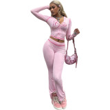 Women Autumn/Winter Solid Zipper Crop Top and Pant Casual Two-Piece Set