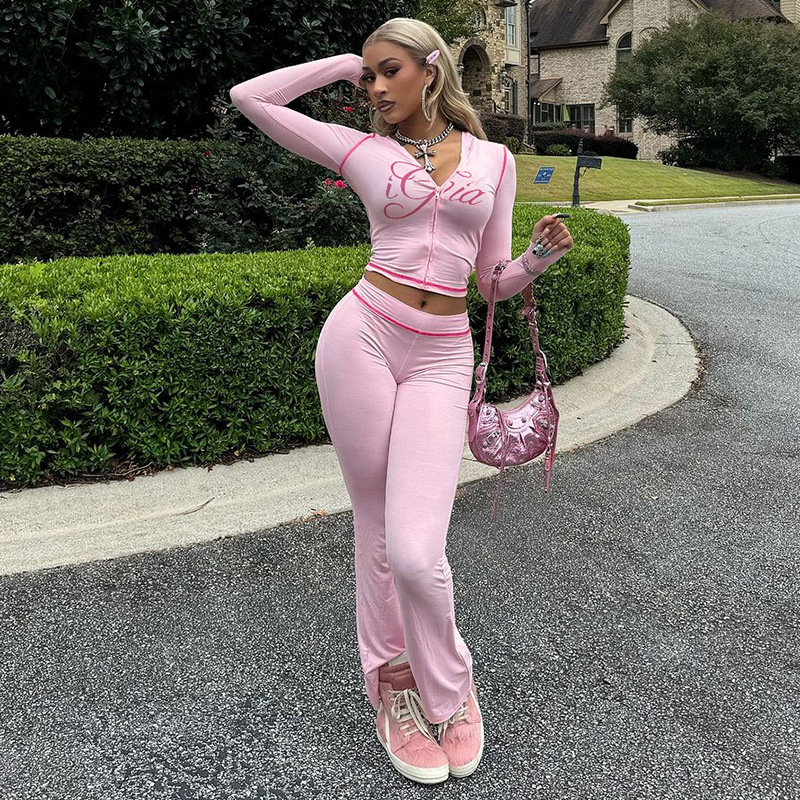 Women Autumn/Winter Solid Zipper Crop Top and Pant Casual Two-Piece Set