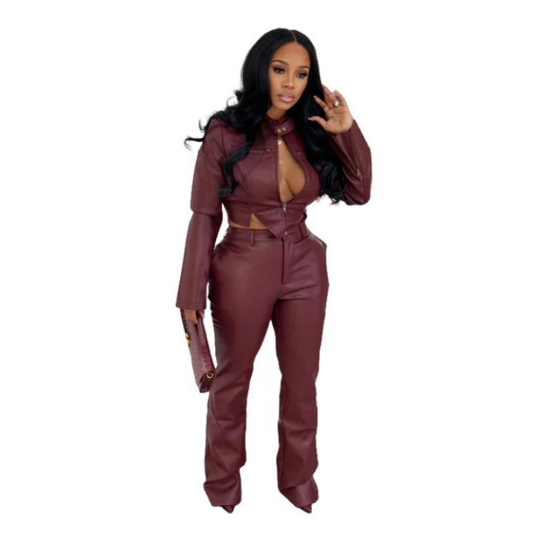 Women's Stretch Leather Pants and Top Fashion Casual Set