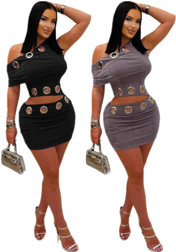 Women's Fashion Tight Fitting Sexy Velvet Slash Shoulder Top Bodycon Mini Skirt Two-Piece Set