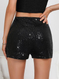 Women's Fashion Glitter Sequin Slim Fit Solid Color Black Sexy Straight Leg Shorts