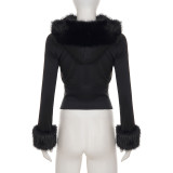 Women's Autumn Winter Casual Fuzzy Long Sleeve Letter Beaded Zip-Up Hoodies Joggers Two-Piece Pants Set