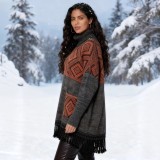 Women's Diamond Pattern High Neck Fringe Loose Knit Top