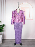 Women's African Fashion Sequin Sleeveless Dress Blazer Set