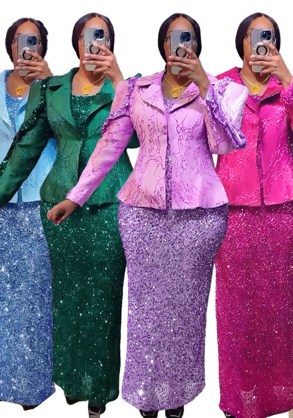 Women's African Fashion Sequin Sleeveless Dress Blazer Set
