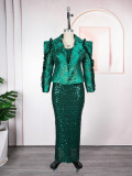 Women's African Fashion Sequin Sleeveless Dress Blazer Set