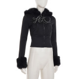 Women's Autumn Winter Casual Fuzzy Long Sleeve Letter Beaded Zip-Up Hoodies Joggers Two-Piece Pants Set