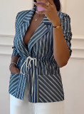 Women's Stripe Print Long Sleeve Slim Waist Lace-Up Blazer