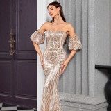Women's Strapless Chic Glitter Stripe sequin Color Block Evening Dress