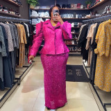 Women's African Fashion Sequin Sleeveless Dress Blazer Set