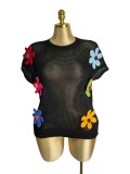 Women's Summer Fashion Floral Crochet Short Sleeve Loose Knit Pullover Top