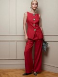 Women's Fashion Gold Button Vest and Pants Two-Piece Casual Suit