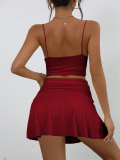Women's Summer Solid Color Sexy Low Back Strap Two Piece Skirt Set