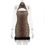 Women's Sexy Cut-Out Halter Neck Fuzzy Patchwork Leopard Print Nightclub Style Sleeveless Slim Bodycon Dress
