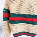 Women's Autumn Cut-Out Color Block Letter Jacquard Long Sleeve Slim Fit Pullover Top