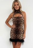 Women's Sexy Cut-Out Halter Neck Fuzzy Patchwork Leopard Print Nightclub Style Sleeveless Slim Bodycon Dress