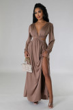 Women's Deep V Solid Color Long Sleeve Sexy Open Waist Lace-Up Slit Long Dress