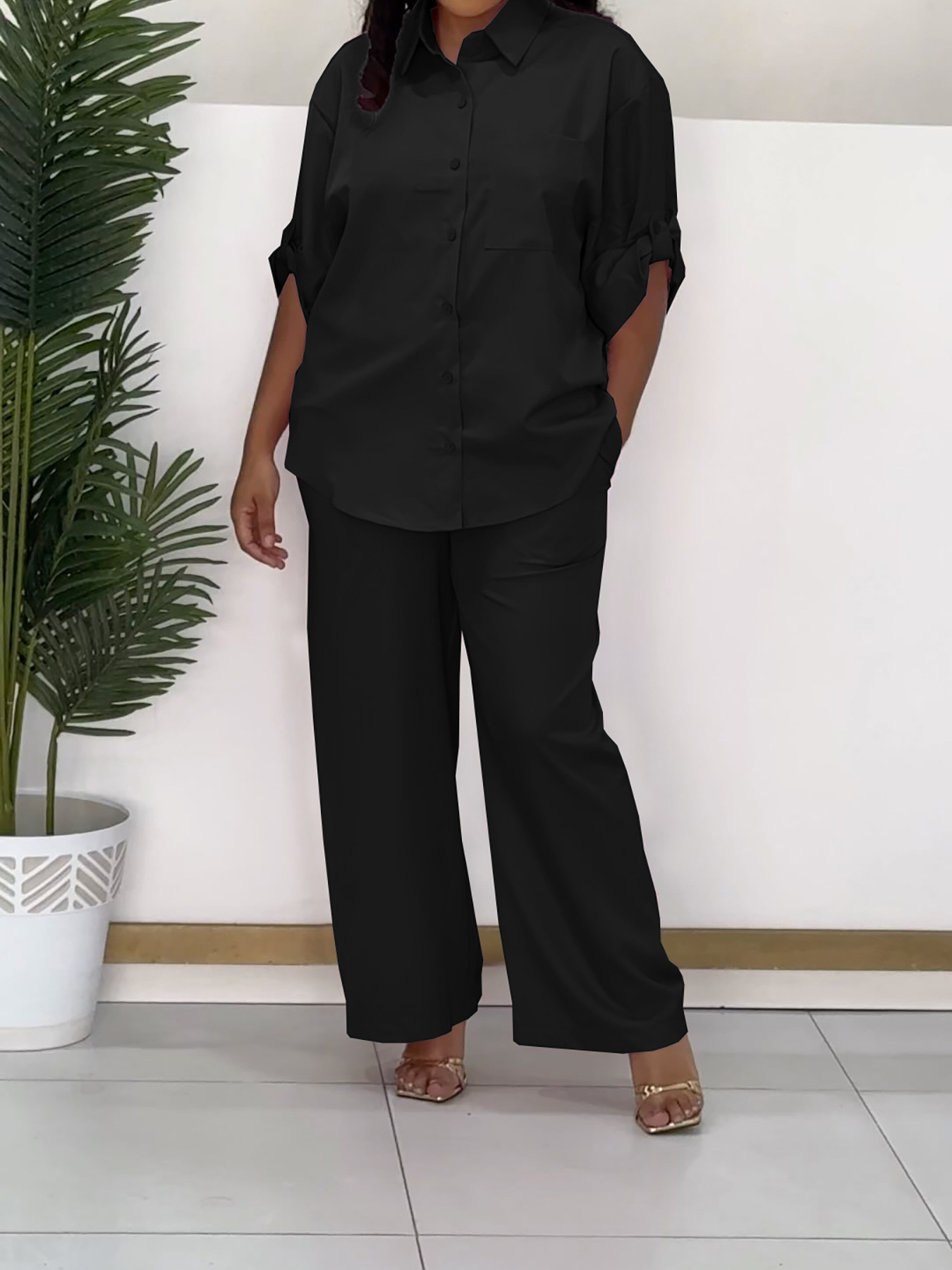 Women's Fashion Casual Turndown Collar with Patch Pockets Shirt and Pants Two-Piece Set