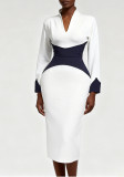 Women's Fashion Deep V Contrast Color Long Sleeve Slim Waist Slim Fit Bodycon Party Evening Dress