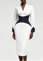 Women's Fashion Deep V Contrast Color Long Sleeve Slim Waist Slim Fit Bodycon Party Evening Dress
