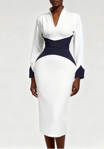 Women's Fashion Deep V Contrast Color Long Sleeve Slim Waist Slim Fit Bodycon Party Evening Dress
