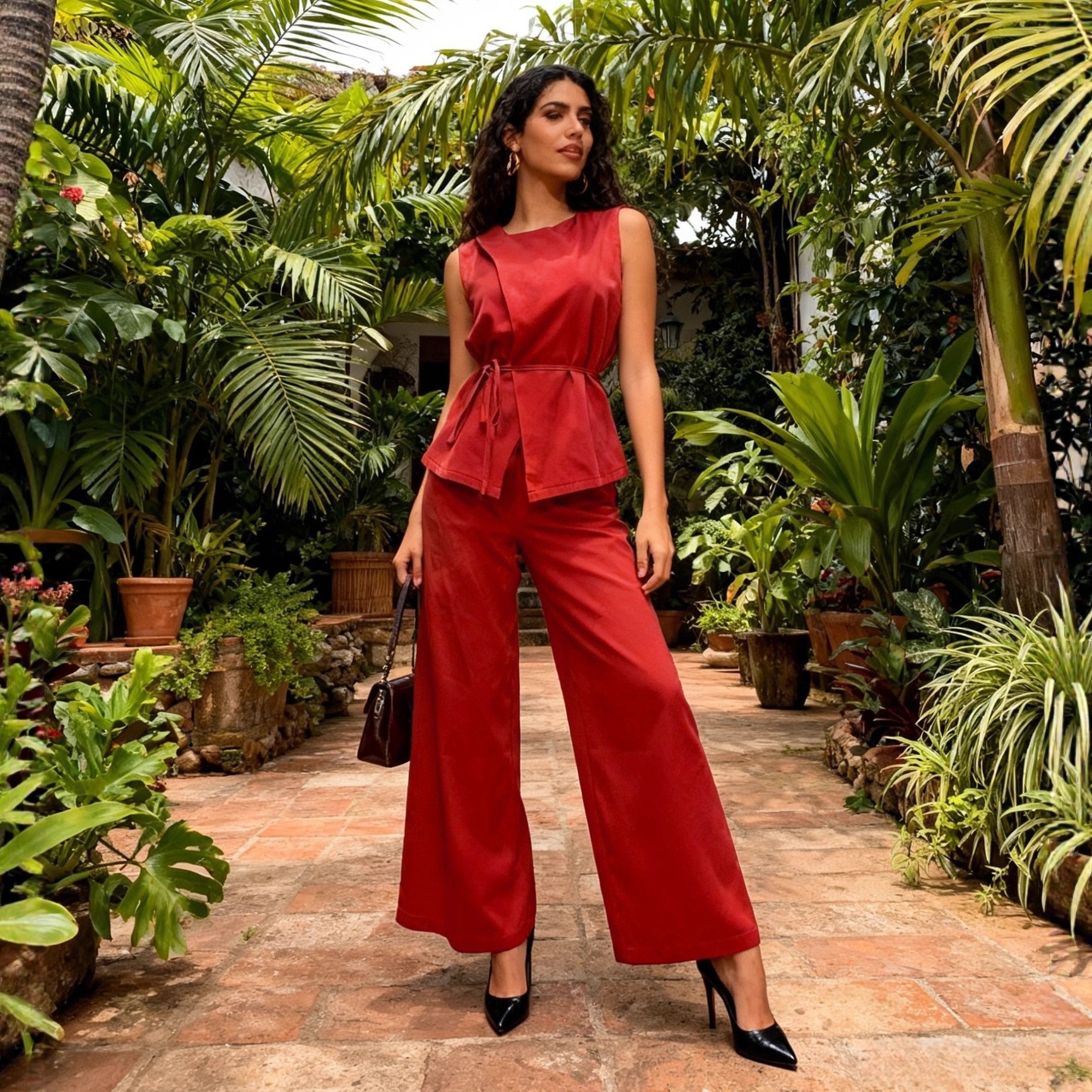 Women's Multi-Color Sleeveless Slim Waist Vest and Wide Leg Pants Chic Career Linen Suit