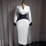 Women's Fashion Deep V Contrast Color Long Sleeve Slim Waist Slim Fit Bodycon Party Evening Dress
