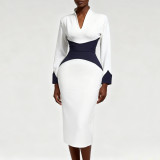 Women's Fashion Deep V Contrast Color Long Sleeve Slim Waist Slim Fit Bodycon Party Evening Dress