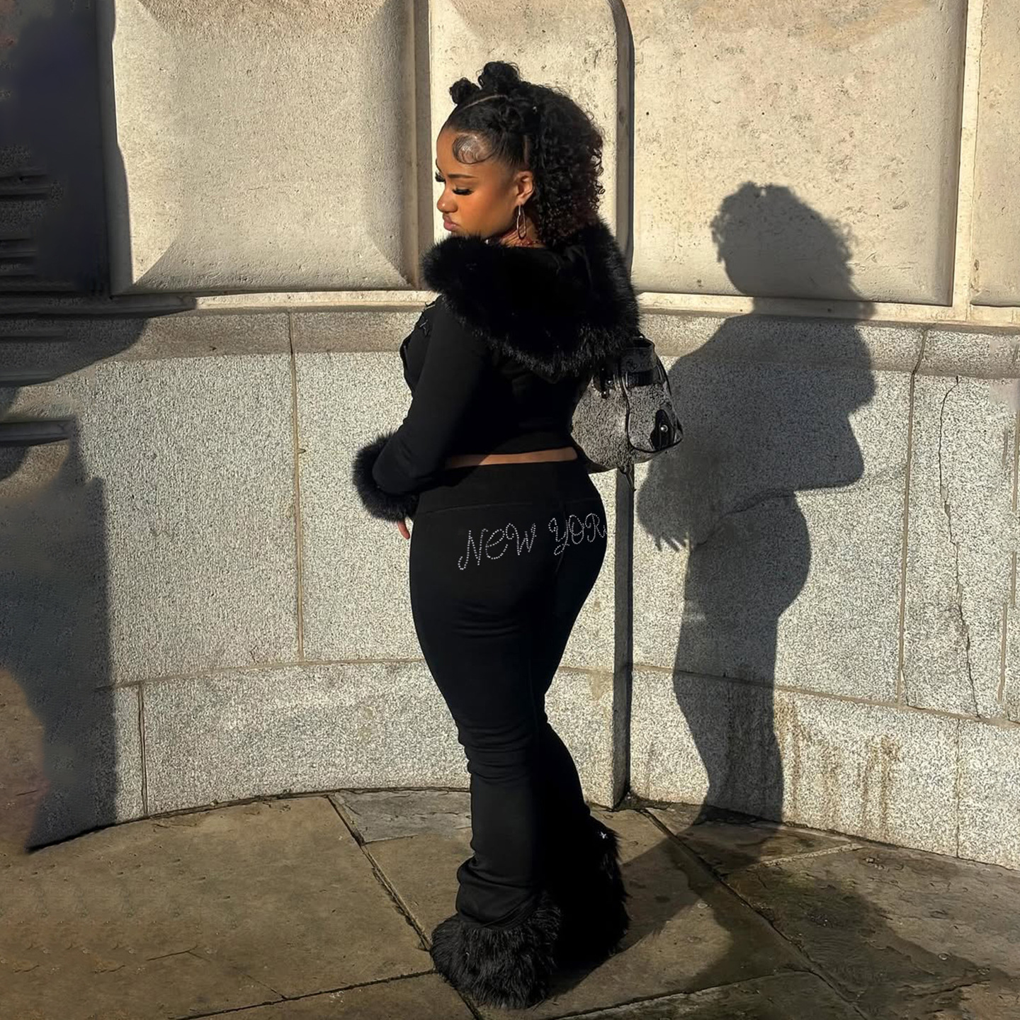 Women's Autumn Winter Casual Fuzzy Long Sleeve Letter Beaded Zip-Up Hoodies Joggers Two-Piece Pants Set