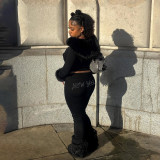 Women's Autumn Winter Casual Fuzzy Long Sleeve Letter Beaded Zip-Up Hoodies Joggers Two-Piece Pants Set