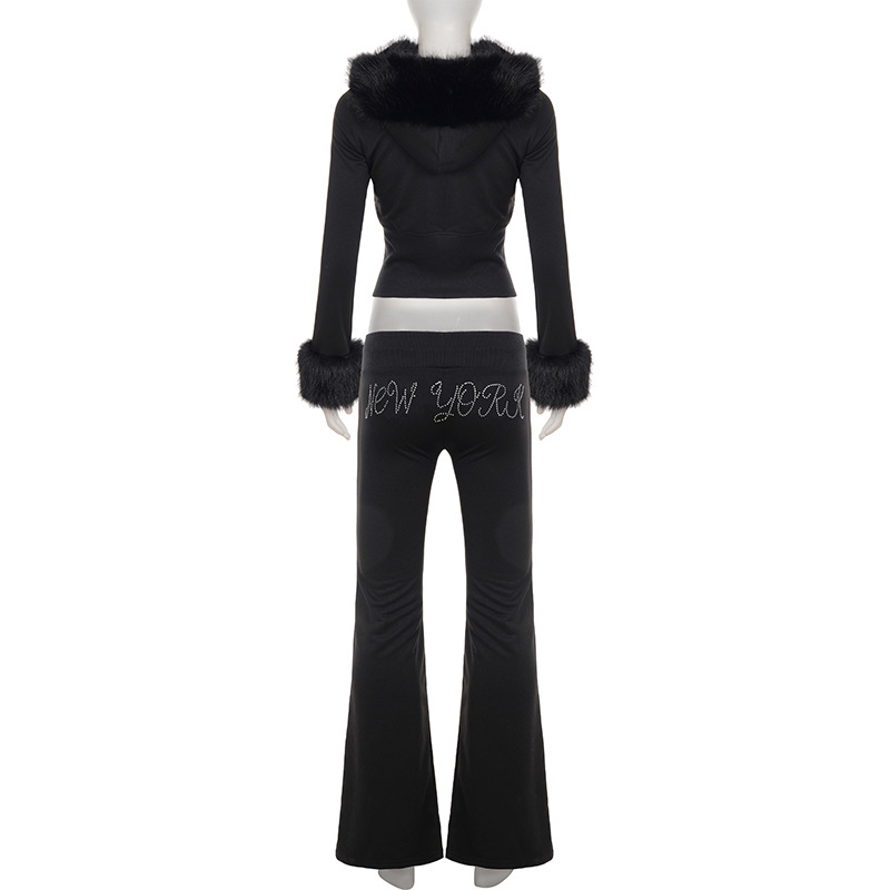 Women's Autumn Winter Casual Fuzzy Long Sleeve Letter Beaded Zip-Up Hoodies Joggers Two-Piece Pants Set