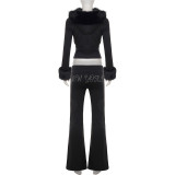 Women's Autumn Winter Casual Fuzzy Long Sleeve Letter Beaded Zip-Up Hoodies Joggers Two-Piece Pants Set