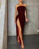 Women's Sequin Sexy Strapless Slit Chic Dress