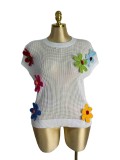 Women's Summer Fashion Floral Crochet Short Sleeve Loose Knit Pullover Top