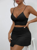 Women's Summer Solid Color Sexy Low Back Strap Two Piece Skirt Set